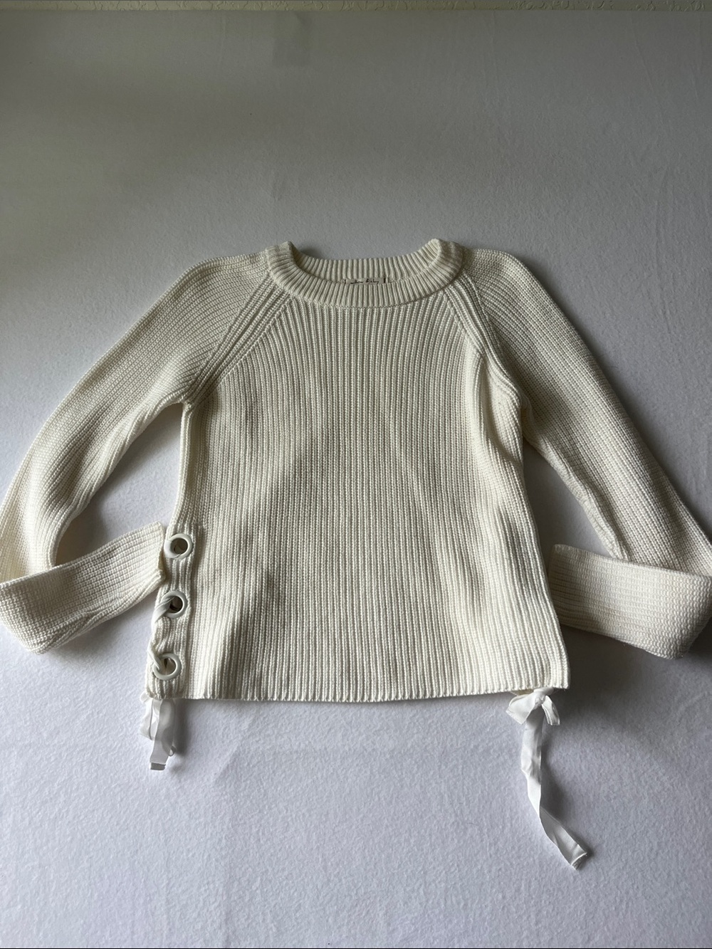 Willow & Clay Cream Ribbed Crewneck Sweater with Side Tie Detail